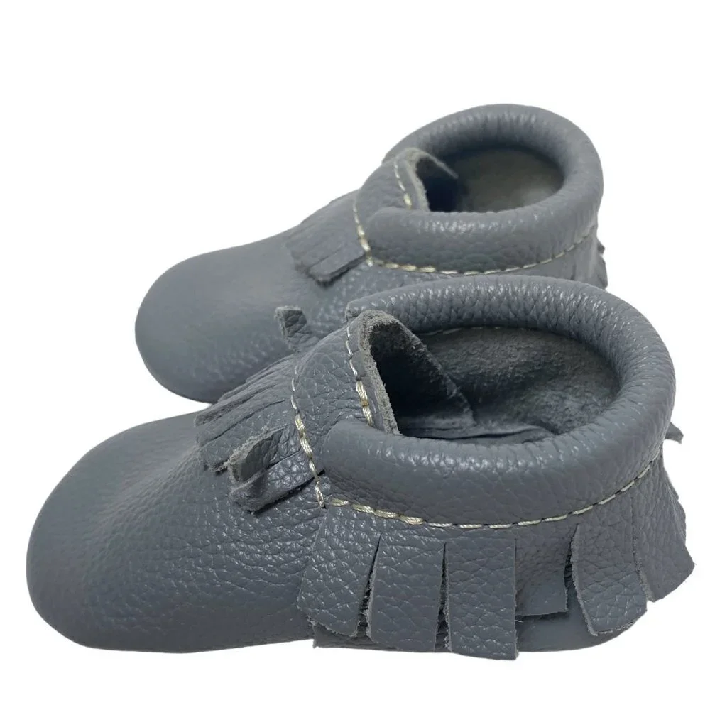 FRESHLY PICKED Baby Shoes Gray Leather Moccasins Up to 12 months Western Fringe